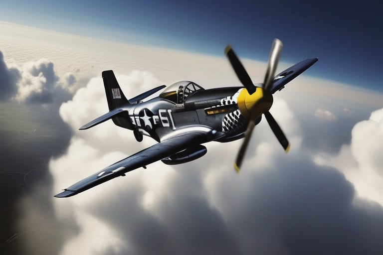 a North American P-51 Mustang coming out of the clouds, dark and foreboding in the style of  "Barry F Clark"