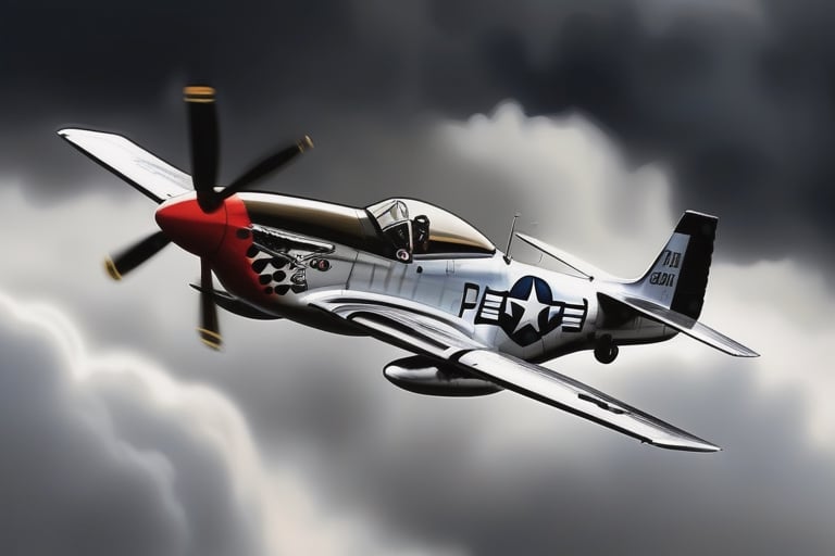 a North American P-51 Mustang coming out of the clouds, dark and foreboding in the style of  Barry Clark