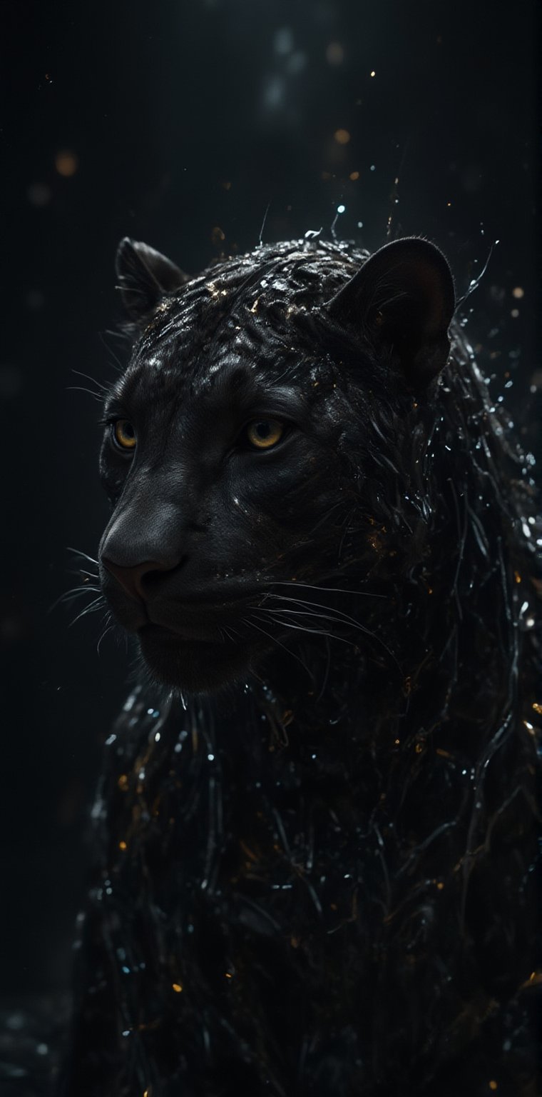 A majestic black leopard emerges from the void against a sleek black backdrop, as if conjured from the shadows. Its eyes gleam like polished obsidian, while its fur appears to absorb the light around it. The frame is tight, focusing attention on the predator's regal visage. A hint of subtle gradient in the background suggests an otherworldly ambiance, fitting for a creature that embodies mystery and power.