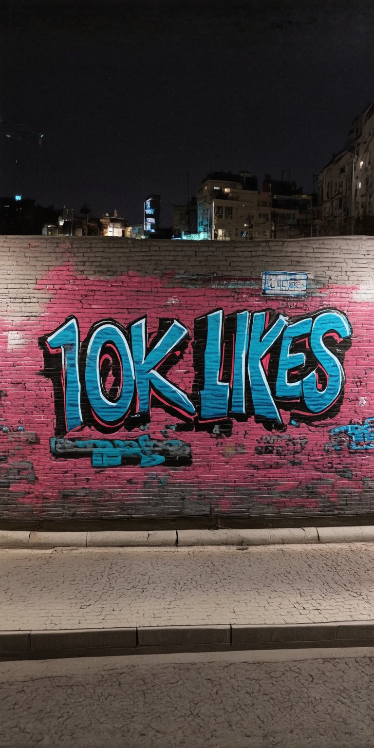 “Night photo of a wall in the city. On the wall  we see detailed graffiti, the graffiti text reads "10K LIKES".”,text say's