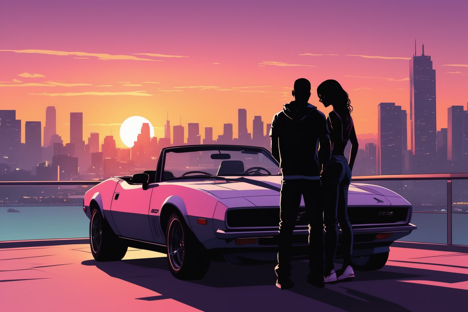 GTA (Grand Theft Auto) style image, silhouettes of a boy and a girl leaning on the hood of a sports car, with the background of a city inspired by Vice City, at sunset. (Trendy illustration, Perfect composition),  (Best quality, 8k, UHD Masterpiece:1.2), detailed background, intricate details,
