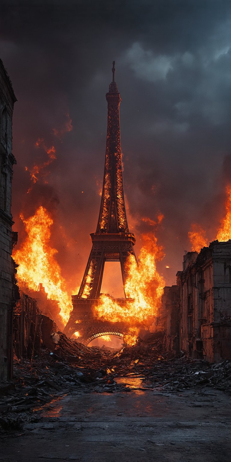 “A postapocaliptic street view of some ruins that appear to be the shattered remains of a part of the destroyed Eiffel Tower, ravaged by chaos and destruction, under a fiery red sky ablaze with flames, dark black clouds loom menacingly overhead, framing the ruinous scene.