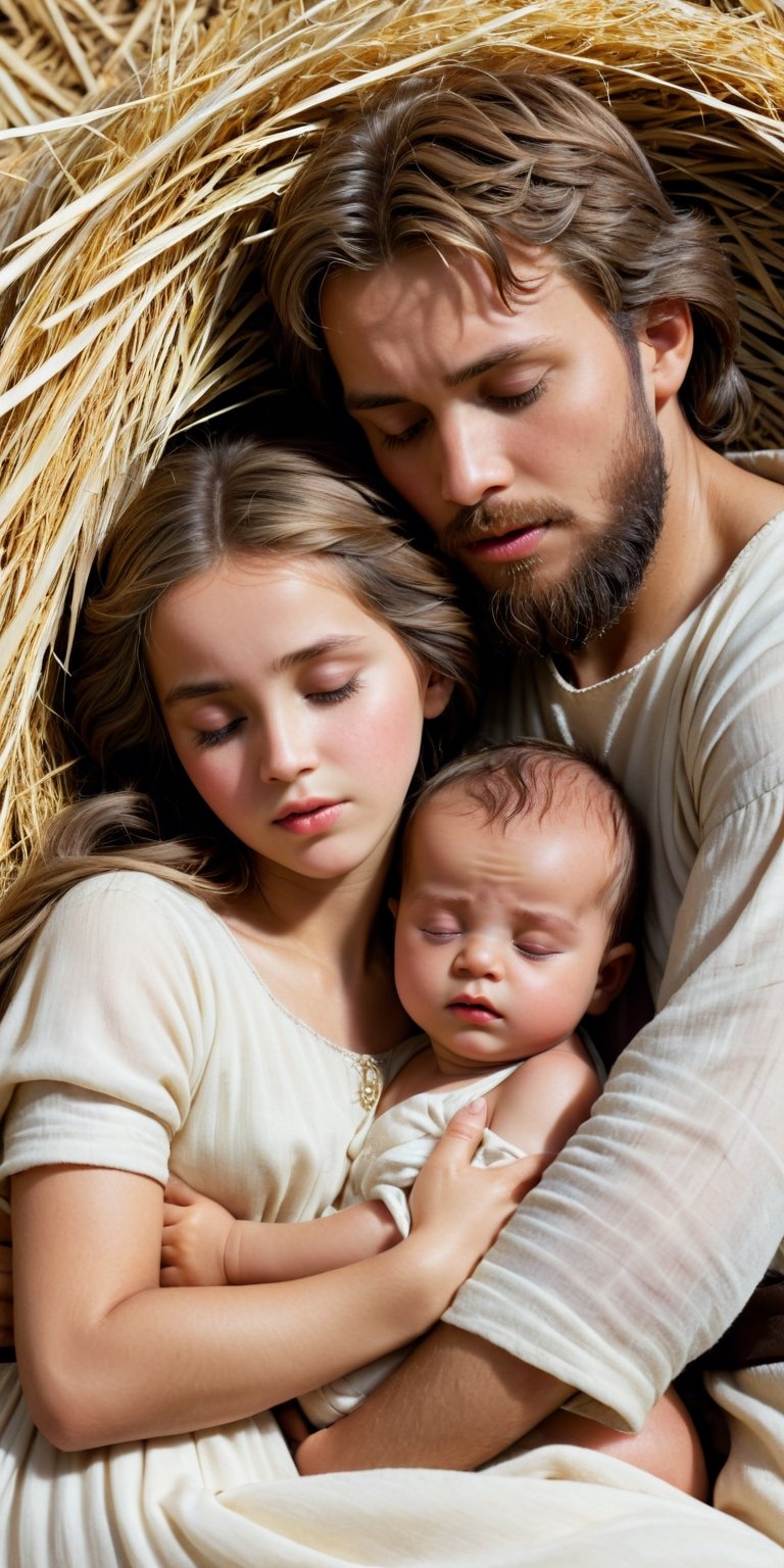 Create an intimate image of the Holy Family: Lying on a pile of straw, (the young and beautiful virgin Mary (15 years old) hugs the newborn baby Jesus), while (the bearded Joseph (30 years old) hugs them both). Everyone sleeps while (a beautiful angel with a transparent body and long straight hair) watches over them standing next to them.
((Masterpiece, 8k)),  (photorealistic:1.8),  ((intricate details, high_resolution, highest quality)) ,yofukashi background,more detail XL,Movie Still,