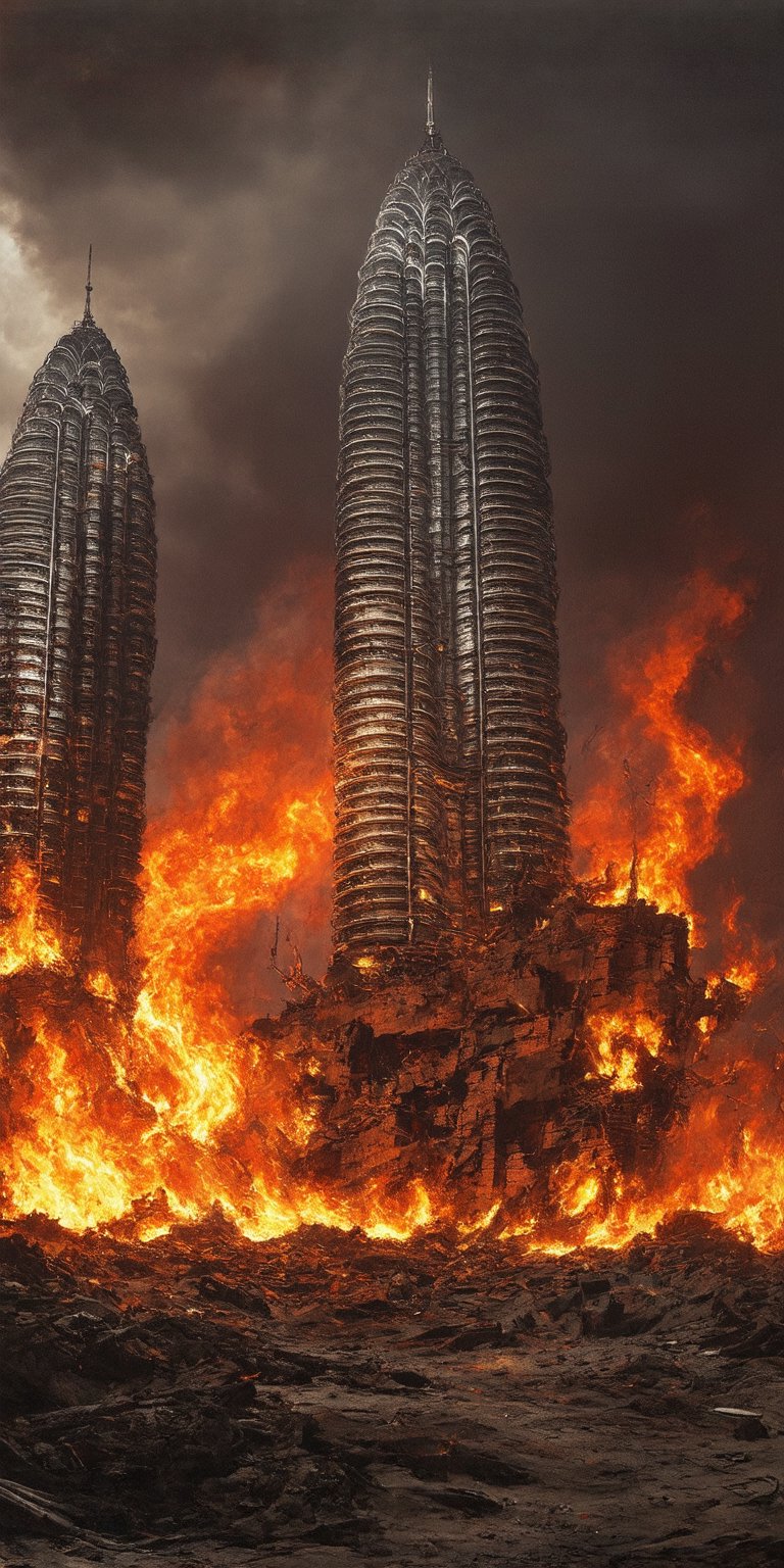 “A desolate wasteland unfolds beneath the Petronas Twin Towers' skeletal remains, ravaged by chaos and destruction. Fiery red hues engulf the apocalyptic scene as dark black clouds loom menacingly overhead, framing the ruinous landscape. Shattered bricks and twisted metal debris stretch out like a twisted canvas, exquisitely captured in ultra-high quality RAW detail, evoking a cinematic still from the masterful brushstrokes of Greg Rutkowski"