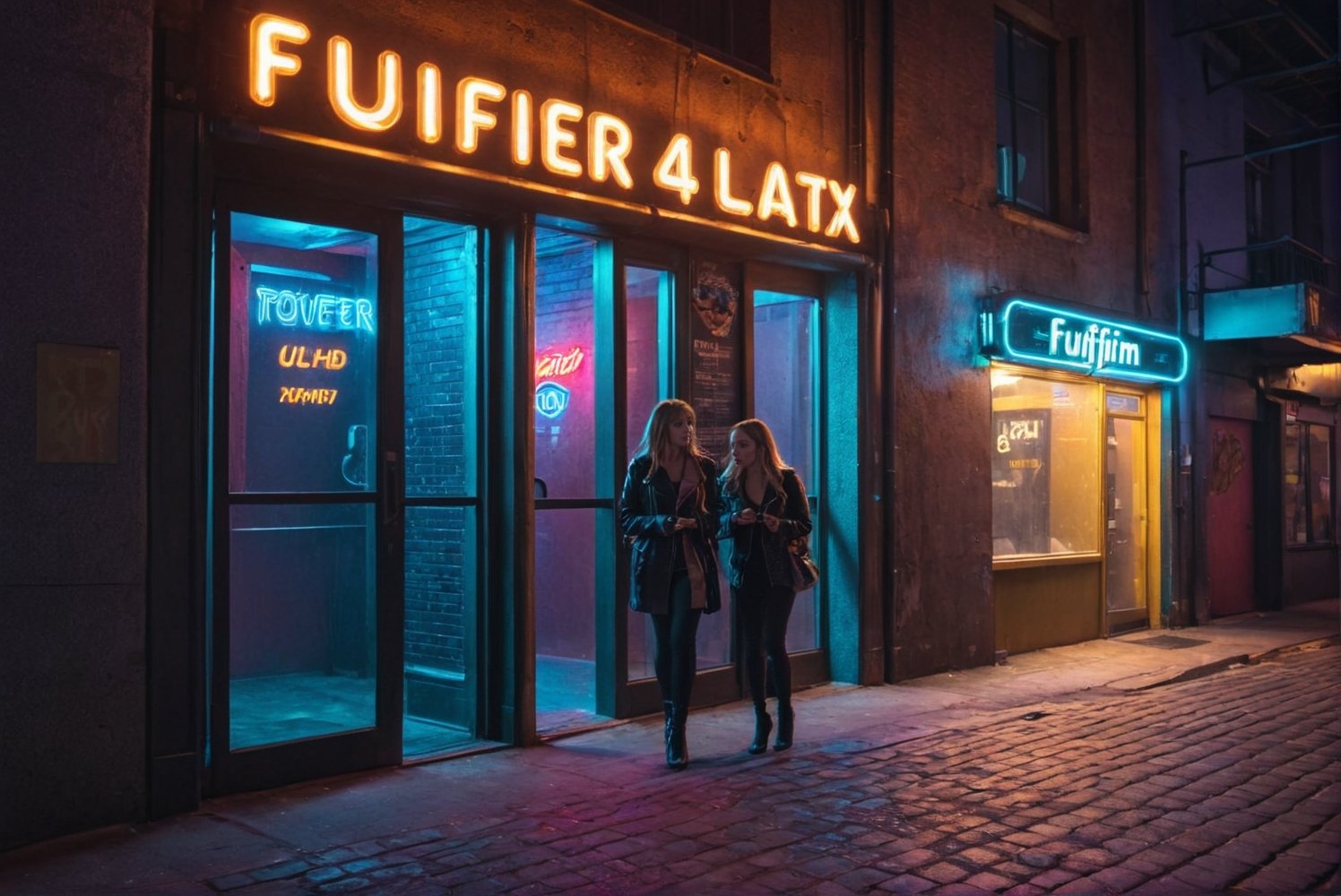 General shot of the door of the trendy nightclub in the city, after closing. The neon lights have gone out. The street is almost empty. Dawn begins to illuminate the streets. Two tired, disheveled girls in club clothes wait at the edge of the sidewalk for a taxi to arrive. ((ultra 4k, 8k, high quality,HDR, photo realistic, casual photo, photorealistic, 8k UHD, high quality, Film grain, Fujifilm XT3)), photo r3al,Landskaper,Text "FOREVER 42" text.