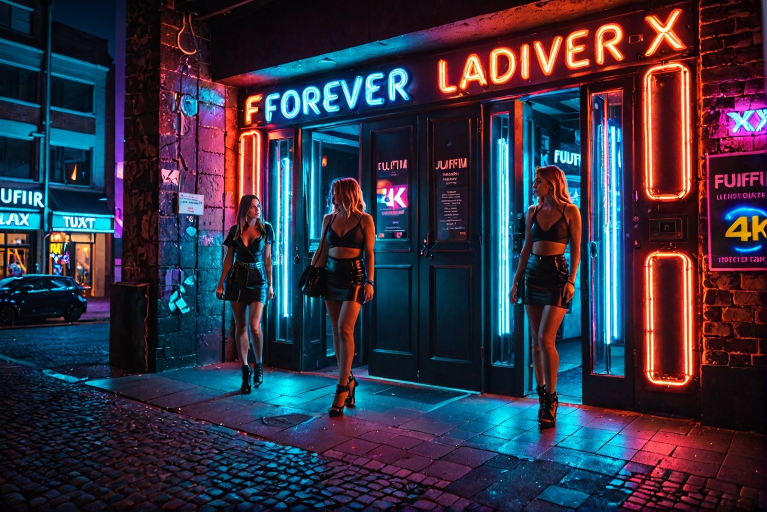 General shot of the door of the trendy nightclub in the city, after closing. The neon lights have gone out. The street is almost empty. Dawn begins to illuminate the streets. Two tired, disheveled girls in club clothes wait at the edge of the sidewalk for a taxi to arrive. ((ultra 4k, 8k, high quality,HDR, photo realistic, casual photo, photorealistic, 8k UHD, high quality, Film grain, Fujifilm XT3)), photo r3al,Landskaper,Text "FOREVER 42" text.