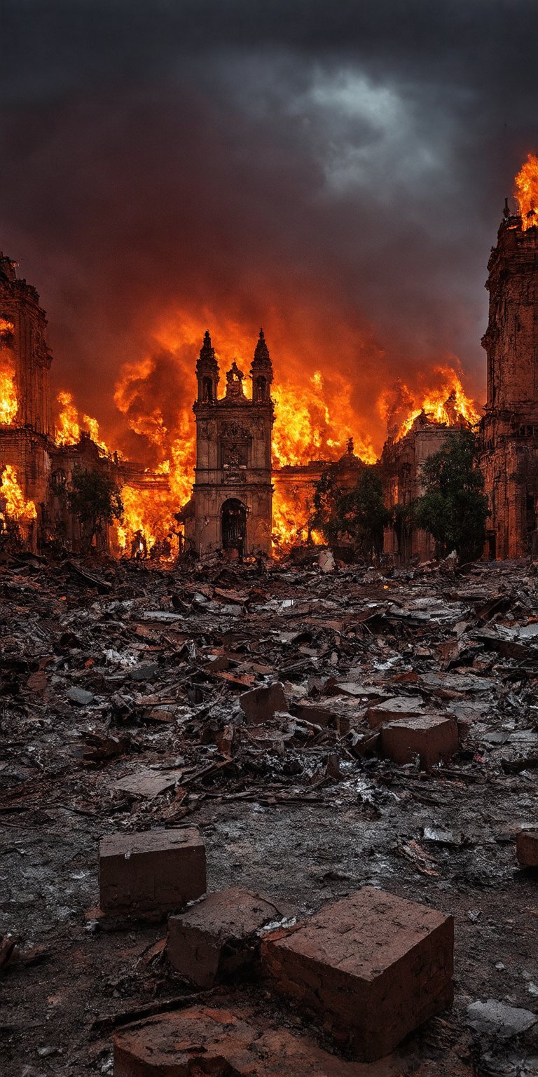 A desolate, post-apocalyptic view of the Zócalo in Mexico City, ravaged by chaos and destruction, stands amidst a fiery red sky ablaze with flames and dark black clouds looming menacingly overhead, framing the ruinous scene. Shattered bricks and twisted metal scatter across the perfect composition, as if frozen in time, showcasing every detail of the devastation.