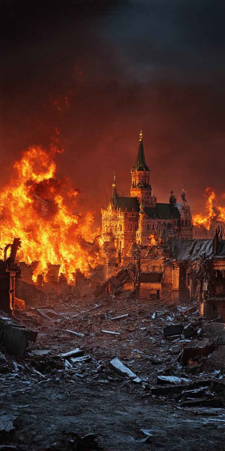 A desolate, post-apocalyptic Moscow Kremlin, ravaged by chaos and destruction, stands amidst a fiery red sky ablaze with flames and dark black clouds looming menacingly overhead, framing the ruinous scene. Shattered bricks and twisted metal scatter across the perfect composition, as if frozen in time, showcasing every detail of the devastation.