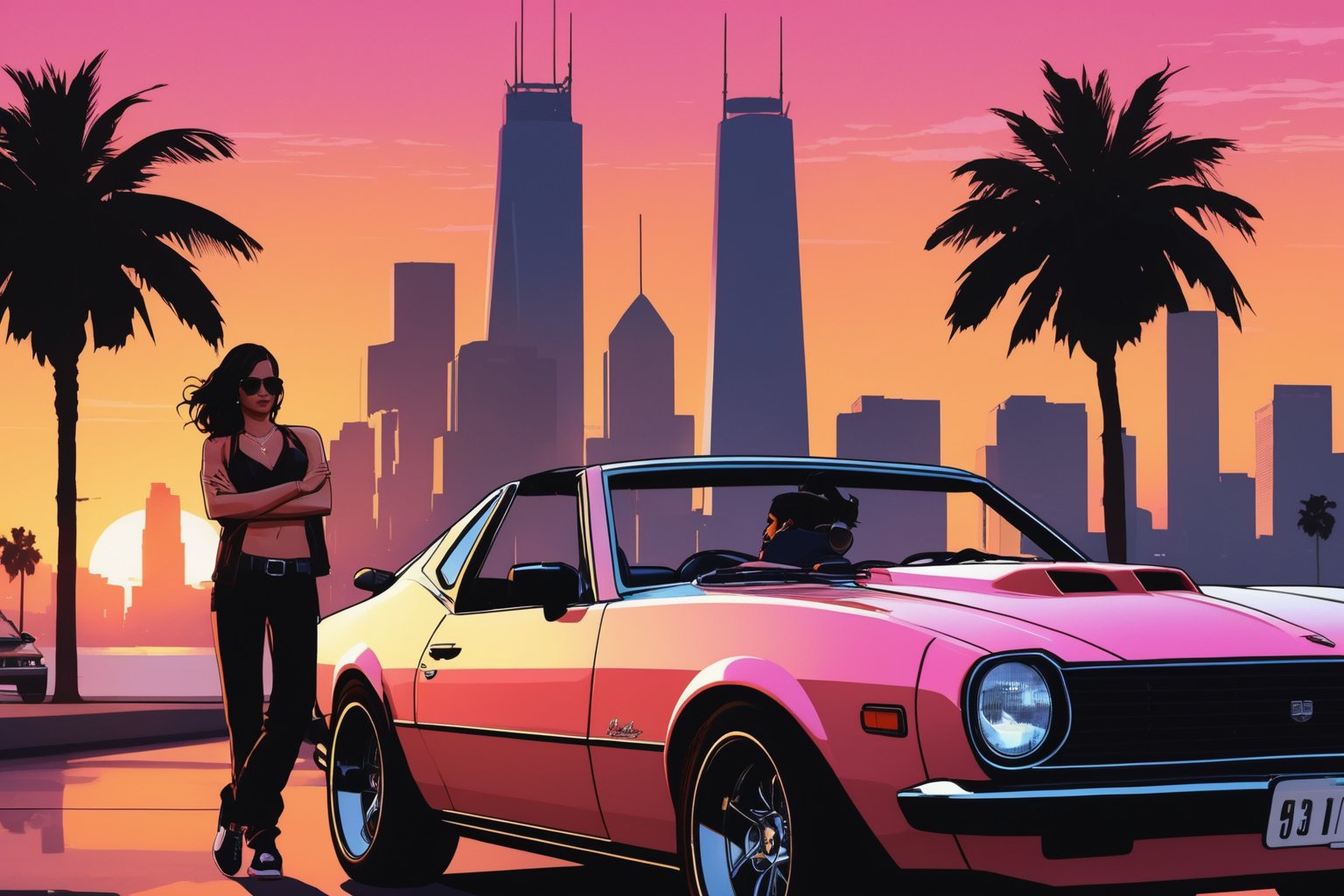 GTA (Grand Theft Auto) style image, a boy and a girl leaning on the hood of a sports car, with the background of a city inspired by Vice City, at sunset.