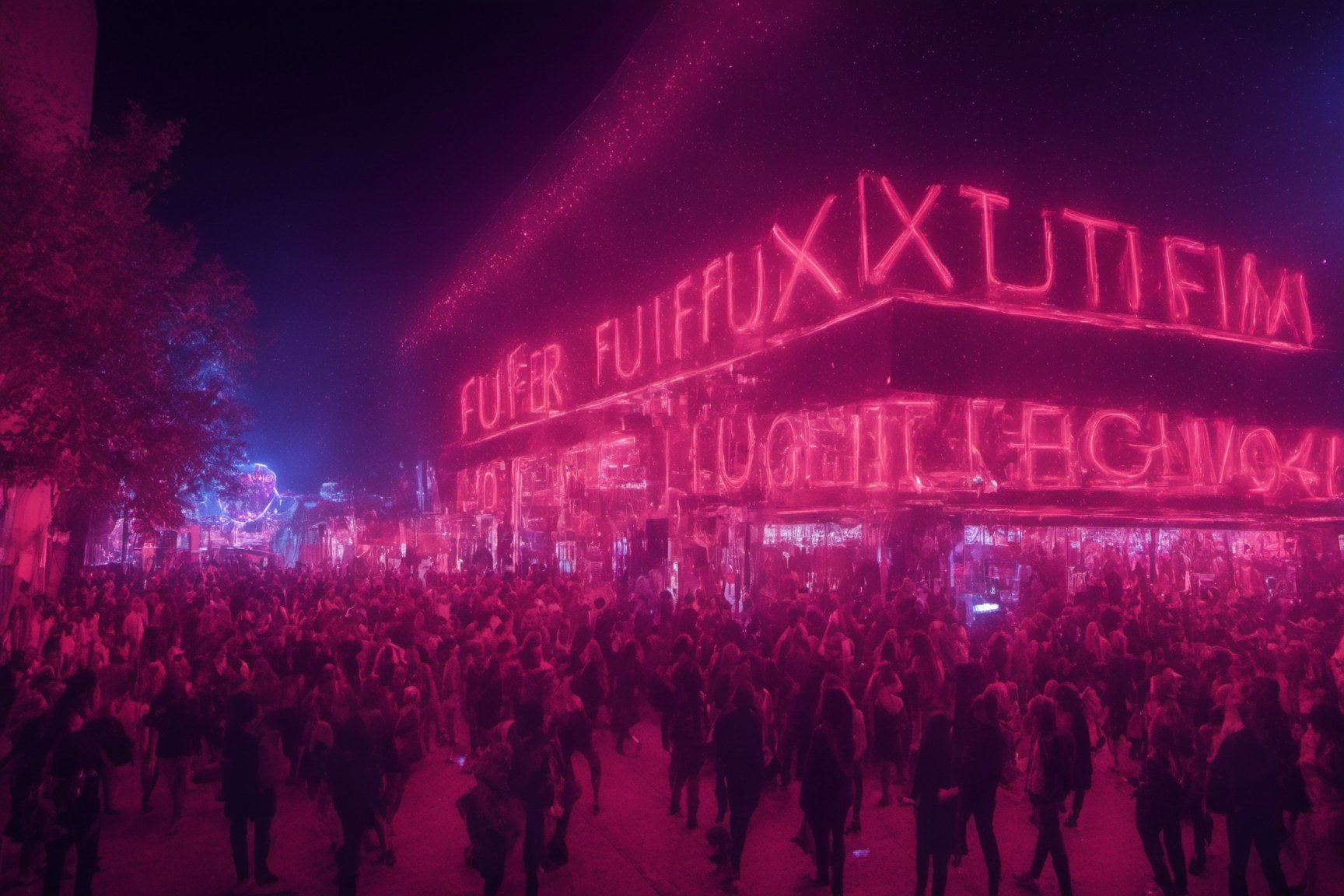 General shot of the ((crowded entrance of the best nightclub in the world)), full of young, happy and sexy people lining up on the busy street to enter. night photo. nightclub outfits. multi color lights, laser beams, ((ultra 4k, 8k, high quality,HDR, photo realistic, casual photo, photorealistic, 8k UHD, high quality, Film grain, Fujifilm XT3)), (nsfw:1,9),photo r3al,neon photography style,nlgtstyle,Movie Still, "FOREVER 42" SIGN ABOVE ENTRANCE IN NEON LIGHTS,Epicrealism,Epic Poses,neon light,Realistic,cyber,Text