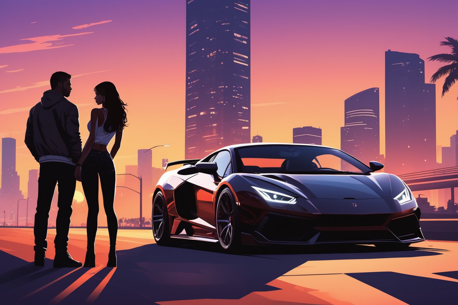 GTA (Grand Theft Auto) style image, silhouettes of a boy and a girl leaning on the hood of a sports car, with the background of a city inspired by Vice City, at sunset. (Trendy illustration, Perfect composition),  (Best quality, 8k, UHD Masterpiece:1.2), detailed background, intricate details,
