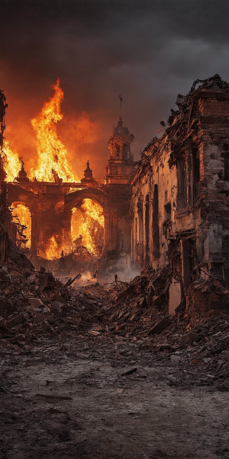 A desolate, post-apocalyptic view of the Zócalo in Mexico City, ravaged by chaos and destruction, stands amidst a fiery red sky ablaze with flames and dark black clouds looming menacingly overhead, framing the ruinous scene. Shattered bricks and twisted metal scatter across the perfect composition, as if frozen in time, showcasing every detail of the devastation.