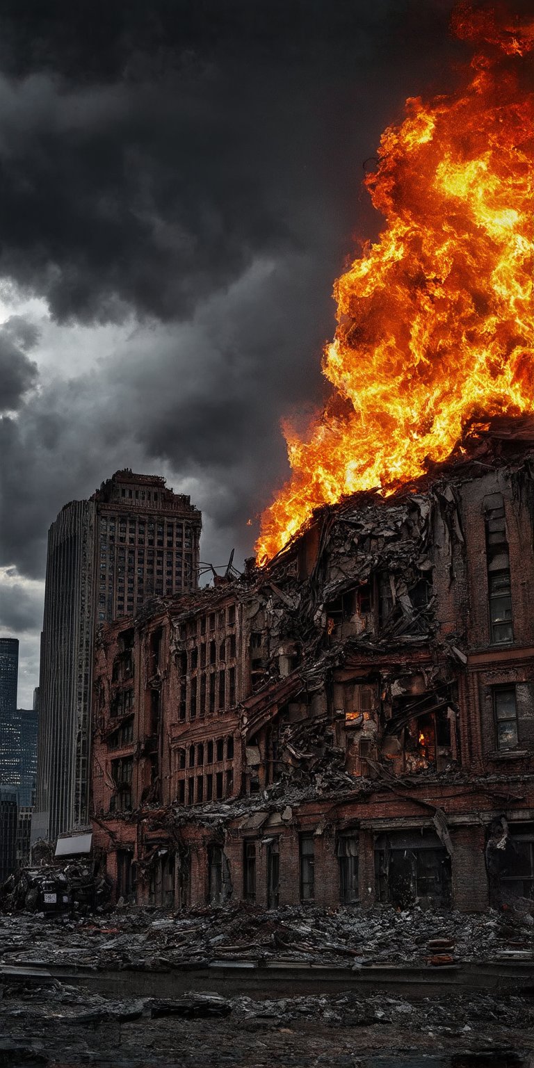 “A devastating view of Manhattan, New York City, ravaged by chaos and destruction, under a fiery red sky ablaze with flames, dark black clouds loom menacingly overhead, framing the ruinous scene. Perfect composition, showcasing every shattered brick and twisted metal, as if plucked from a cinematic still."