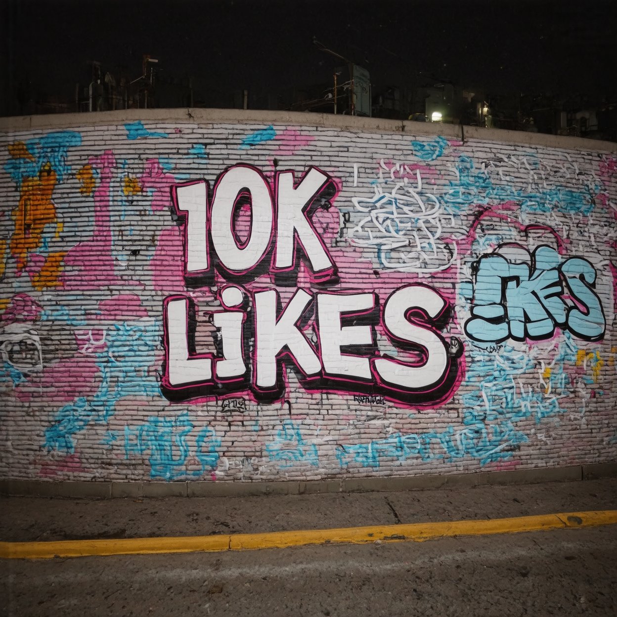 “Night photo of a wall in the city. On the wall  we see detailed graffiti, the graffiti text reads "10K LIKES".”,text say's