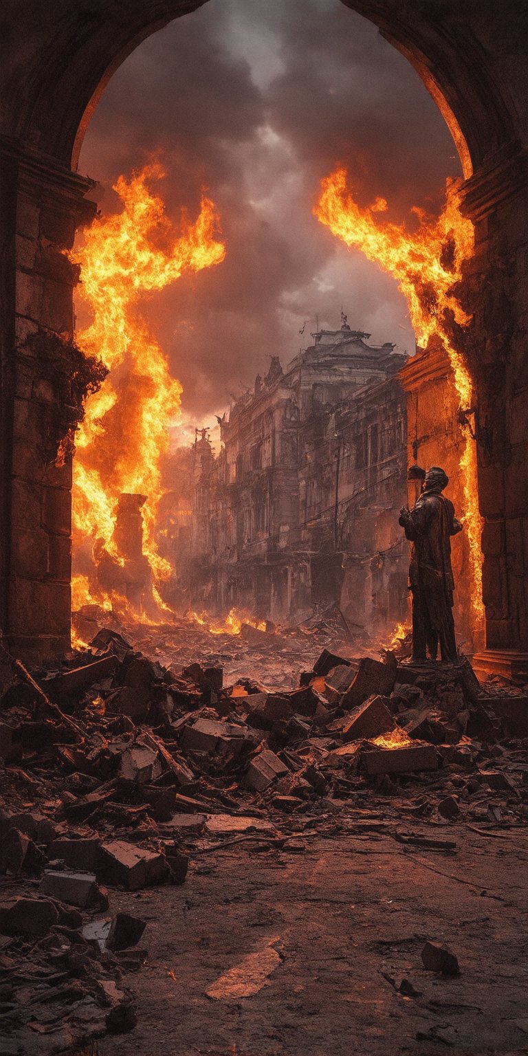 "A desolate, post-apocalyptic Zócalo in Mexico City, ravaged by chaos and destruction, stands amidst a fiery red sky ablaze with flames and dark black clouds looming menacingly overhead, framing the ruinous scene. Shattered bricks and twisted metal scatter across the perfect composition, as if frozen in time, showcasing every detail of devastation: crumbling archways, toppled statues, and debris-strewn streets under a hellish glow"