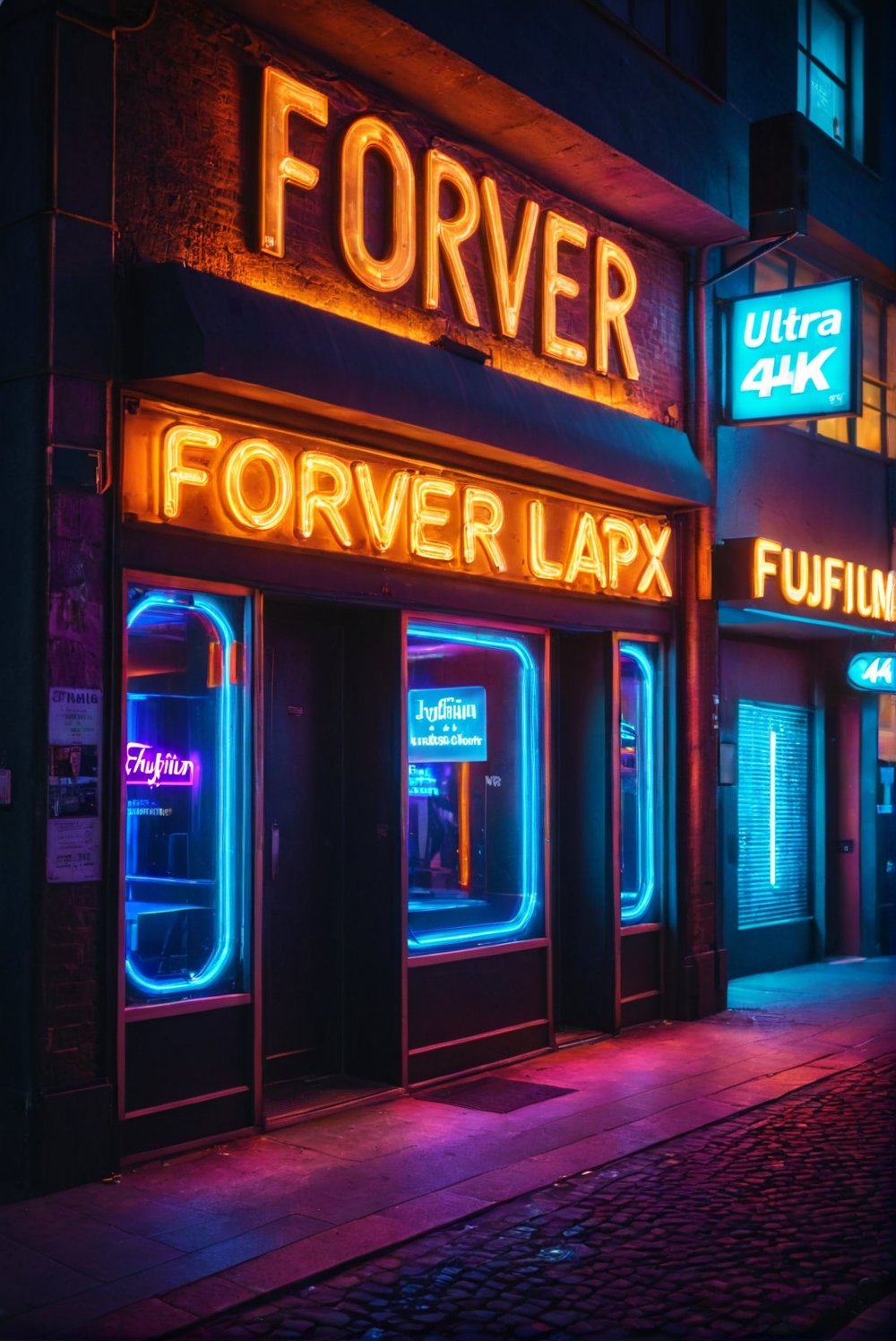 General shot of the door of the trendy nightclub in the city, after closing. The neon lights have gone out. The street is almost empty. Dawn begins to illuminate the streets. Two tired, disheveled girls in club clothes wait at the edge of the sidewalk for a taxi to arrive. ((ultra 4k, 8k, high quality,HDR, photo realistic, casual photo, photorealistic, 8k UHD, high quality, Film grain, Fujifilm XT3)), photo r3al,Landskaper,Text "FOREVER 42" text.