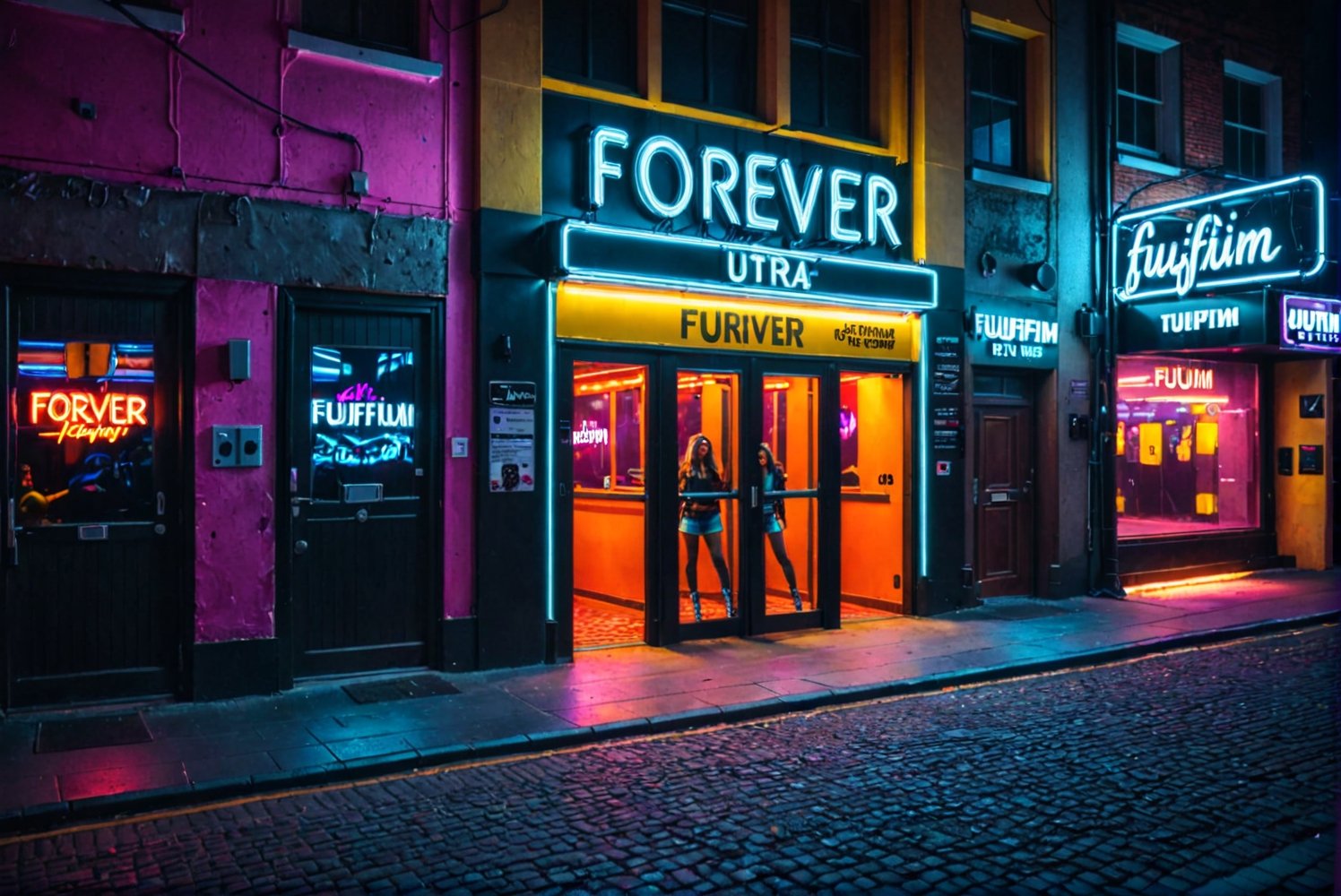 General shot of the door of the trendy nightclub in the city, after closing. The neon lights have gone out. The street is almost empty. Dawn begins to illuminate the streets. Two tired, disheveled girls in club clothes wait at the edge of the sidewalk for a taxi to arrive. ((ultra 4k, 8k, high quality,HDR, photo realistic, casual photo, photorealistic, 8k UHD, high quality, Film grain, Fujifilm XT3)), photo r3al,Landskaper,(((Text "FOREVER" text))).