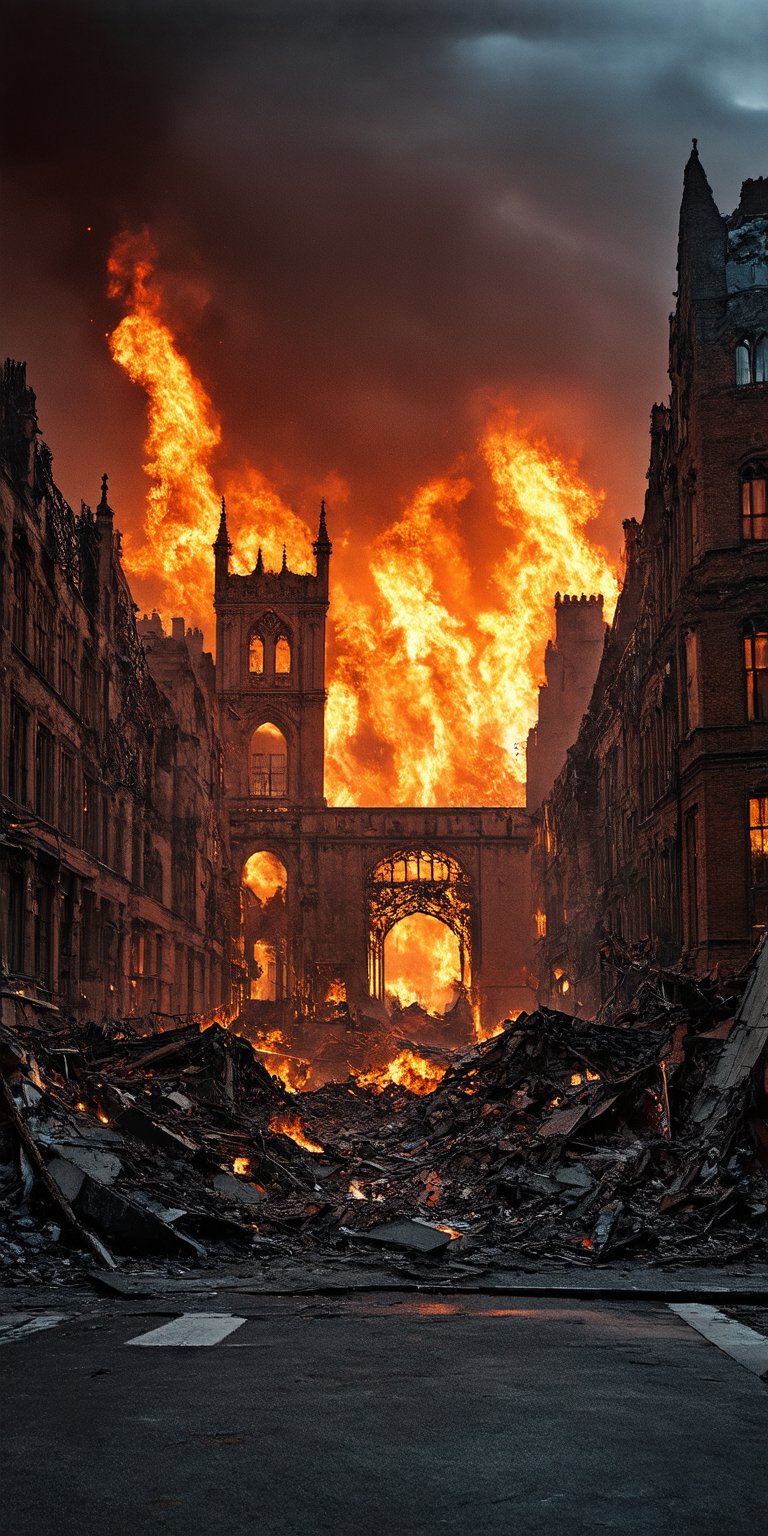 "A devastating street view of the ruins of Westminster district in London, ravaged by chaos and destruction, under a fiery red sky ablaze with flames, dark black clouds loom menacingly overhead, framing the ruinous scene.  A perfect composition, showcasing every shattered brick and twisted metal, as if plucked from a cinematic still"