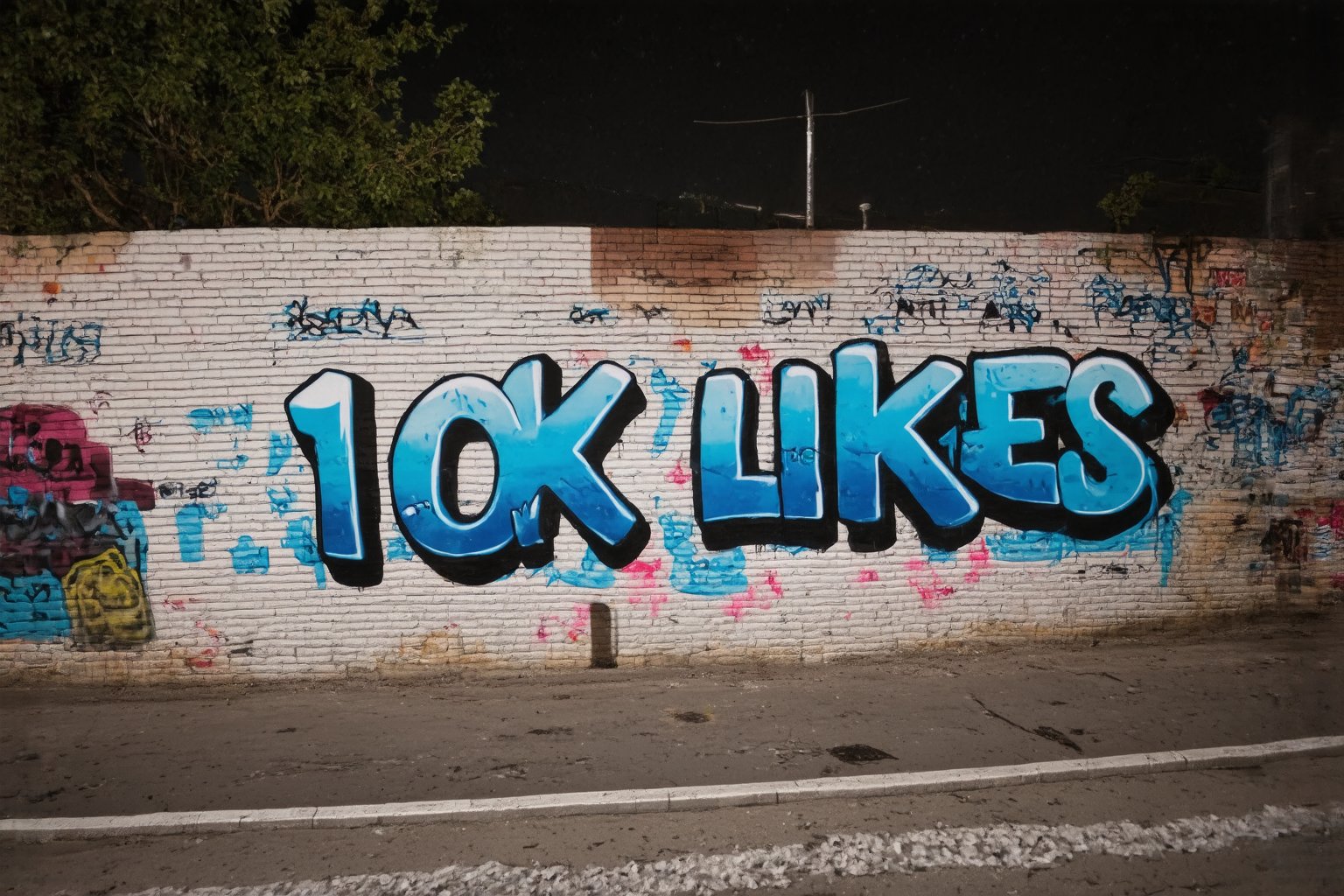 “Night photo of a wall in the city. On the wall  we see detailed graffiti, the graffiti text reads "10K LIKES".”,text say's