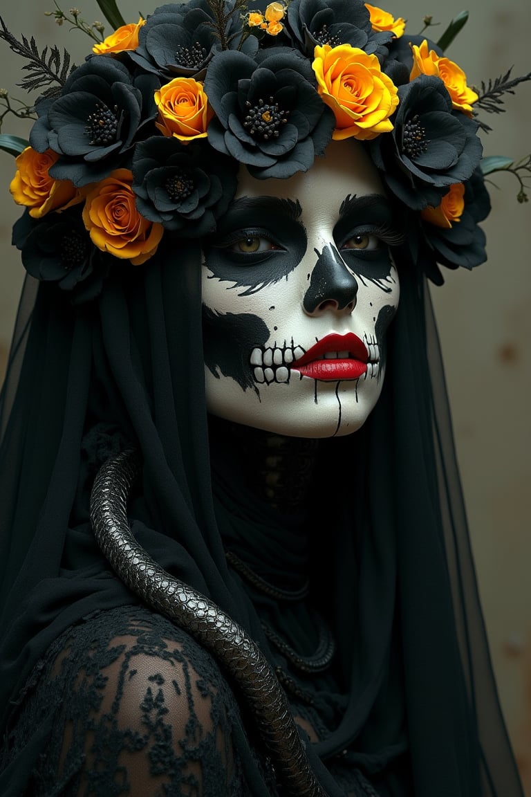 A giger style surrealistic, ethereal painting of a goddess of death, her face shrouded in a veil of shadows, head painted like a skull skeleton, death, black flowers, Mexican style, full body, fantasy, elegant, highly detailed, digital painting, artstation, concept art, smooth, sharp focus, 4K, photography, photorealistic, detailed illustration cute digital painting, soft lighting, isometric style, retro aesthetic, 4K resolution, photorealistic rendering, snakes, yellow accents, red lips