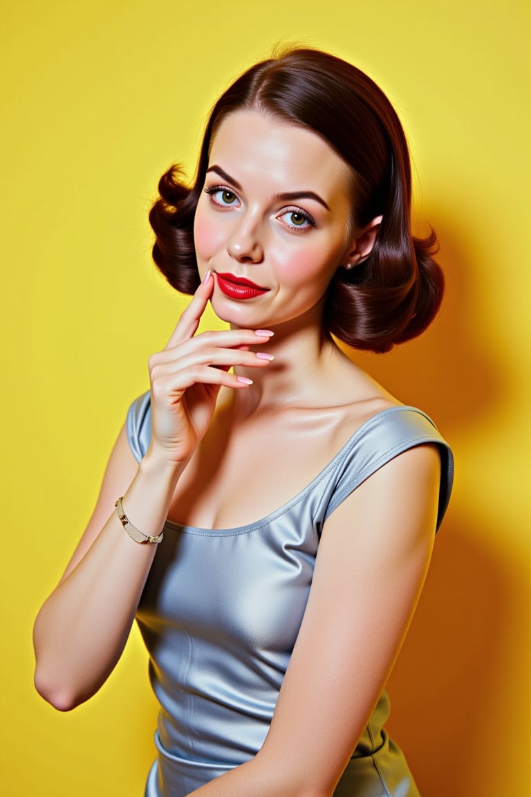 beautiful female robot thinking, herb ritts style, 50s style, colored.