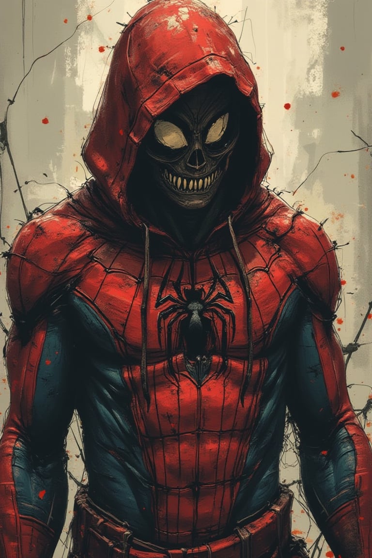 (masterpiece), (Highest quality), (Super detail) (Ultra high resolution), (Best illustrations), 8k, wallpaper, (Spider-Man, terrible shabby look). (Detailed skin texture: 1.4) (Close-up of upper body: 2.0) disturbing and grotesque world,
with a muted palette and dry brush technique creating a feeling of hopelessness, desolation, hopelessness, dirt. (psychedelic.Neon art/progressive.(Detailed arms:2.0) Perfect body anatomy.