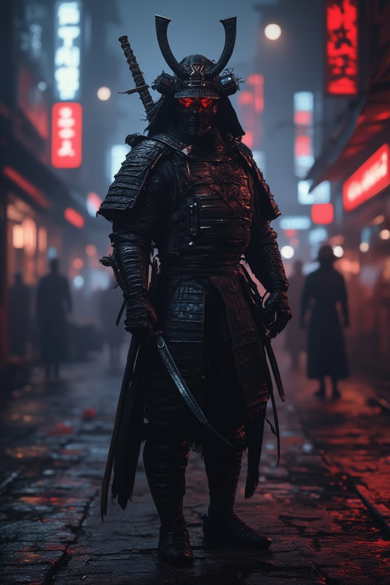 glamour shot of samurai, the Cyberpunk samurai, surrounded by city neon lighting, realistic, realistic, morbide, dark, very detailed, rendered in octane, wet, dense atmospheric, epic, dramatic, empty, creepy, trail cam footage, photorealistic, hyperornate details, photographed by Irakli Nadar and Reylia Slaby, bokeh, particuls, ultra detail, sf, intricate artwork masterpiece, ominous, matte painting movie poster, golden ratio, trending on cgsociety, intricate, epic, trending on artstation, by artgerm, h. r. giger and beksinski, highly detailed, vibrant, production cinematic character render, ultra high quality model
