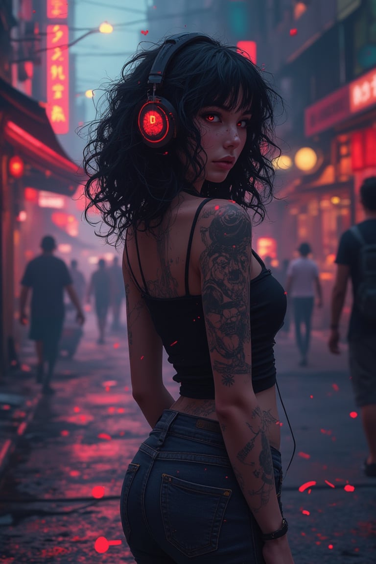 Full length view.Pino Daeny concept art, digital anime, beautiful woman with medium length black curly hair, headphones, neon realism, postmodern portrait, layered street scenes, fine art, gadgetpunk, creepy realistic, visual realism










