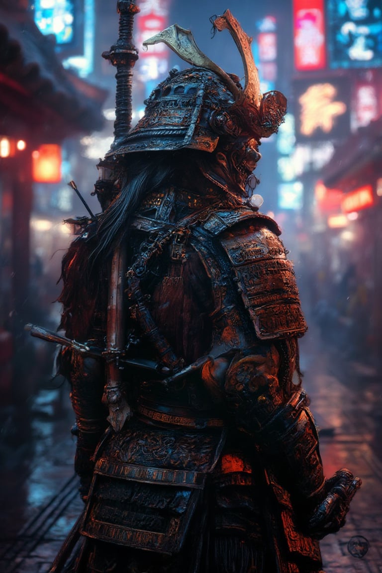 glamour shot of samurai, the Cyberpunk samurai, surrounded by city neon lighting, realistic, realistic, morbide, dark, very detailed, rendered in octane, wet, dense atmospheric, epic, dramatic, empty, creepy, trail cam footage, photorealistic, hyperornate details, photographed by Irakli Nadar and Reylia Slaby, bokeh, particuls, ultra detail, sf, intricate artwork masterpiece, ominous, matte painting movie poster, golden ratio, trending on cgsociety, intricate, epic, trending on artstation, by artgerm, h. r. giger and beksinski, highly detailed, vibrant, production cinematic character render, ultra high quality model
