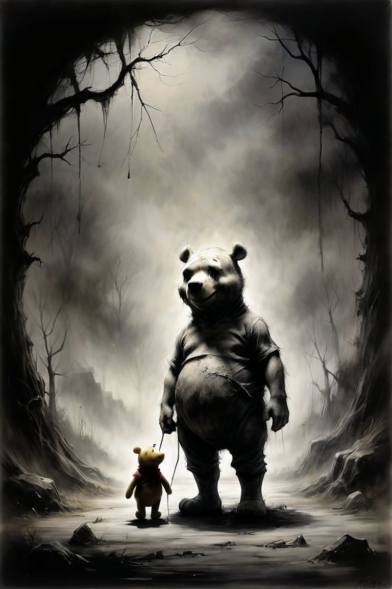 This is Andrew Wyeth - The Art of Andrew Wyeth - with the disturbing and grotesque world of Stephen Gammell, a muted dry brush technique that creates a sense of calm. (animation I am your trumpet - Winnie the Pooh speaks to a demonic creature from hell, dark monochrome background, masterpiece, fairy-tale background) (minimalism: 1). perfect body anatomy.
