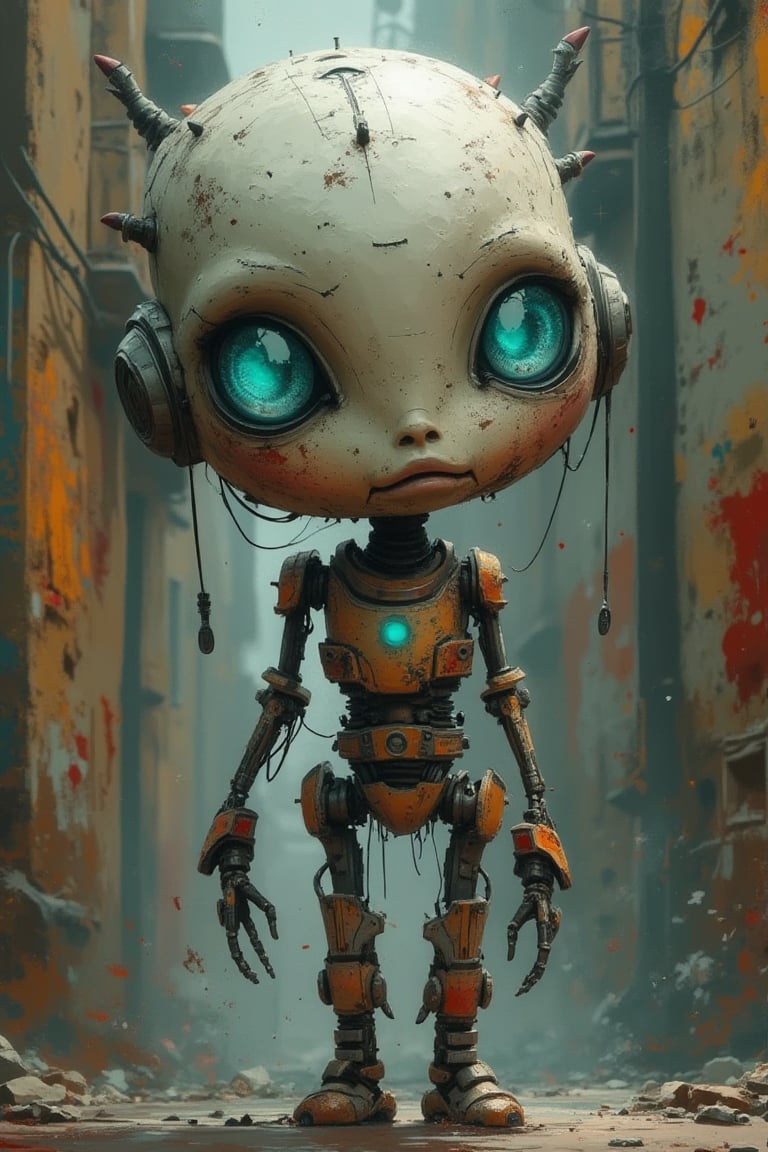 full length view. Little funny robot, porcelain face and head, big turquoise eyes, perfect eyes, top quality style. A wonderful cinematic impressionistic painting in the style of Jeremy Mann and Charles Dan Gibson, Mark Demsteder, Paul Headley. Spartak Mukanov.
