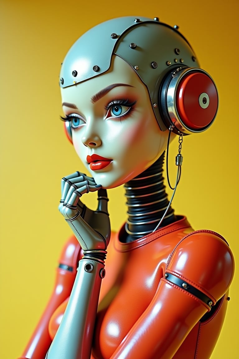 beautiful female robot thinking, herb ritts style, 50s style, colored.