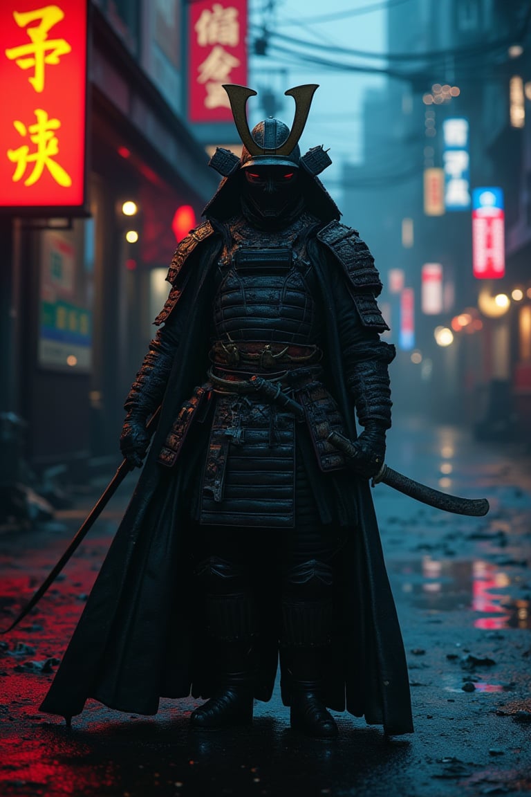 glamour shot of samurai, the Cyberpunk samurai, surrounded by city neon lighting, realistic, realistic, morbide, dark, very detailed, rendered in octane, wet, dense atmospheric, epic, dramatic, empty, creepy, trail cam footage, photorealistic, hyperornate details, photographed by Irakli Nadar and Reylia Slaby, bokeh, particuls, ultra detail, sf, intricate artwork masterpiece, ominous, matte painting movie poster, golden ratio, trending on cgsociety, intricate, epic, trending on artstation, by artgerm, h. r. giger and beksinski, highly detailed, vibrant, production cinematic character render, ultra high quality model
