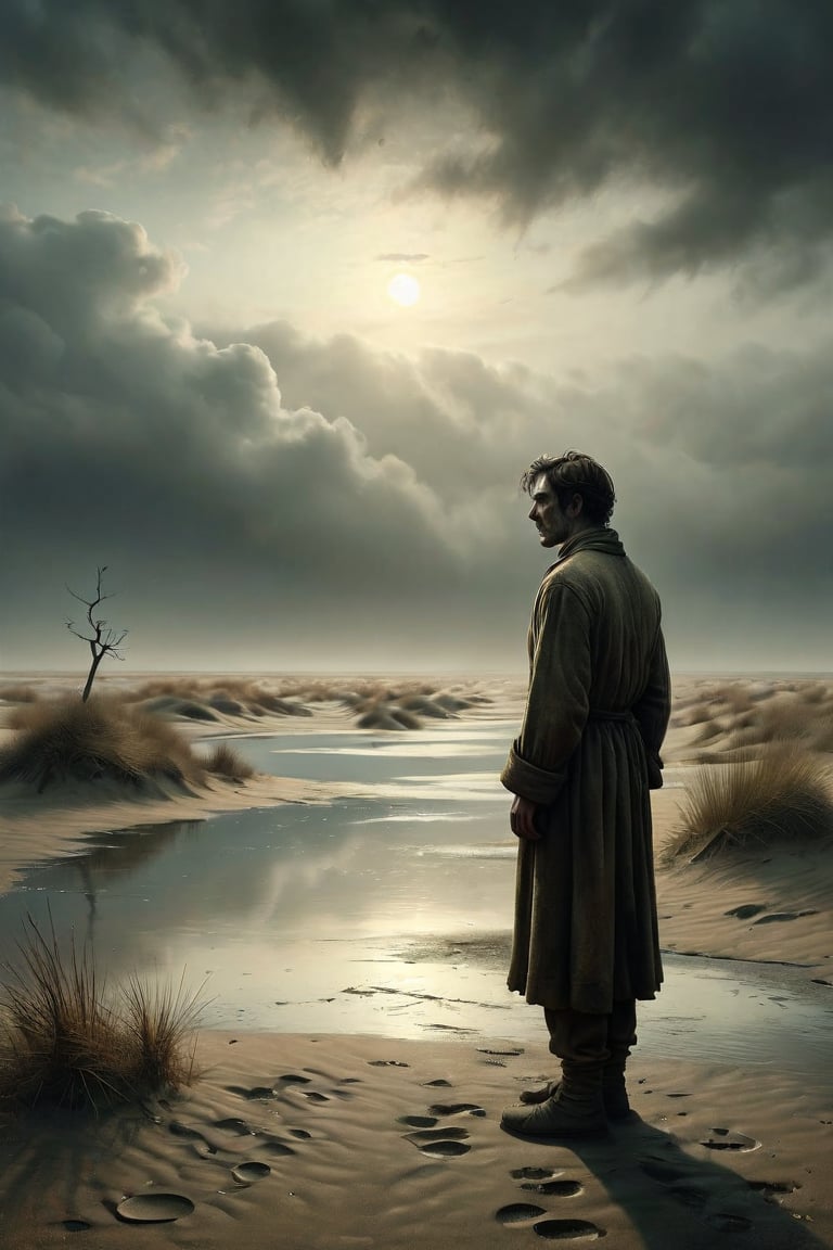 A man stands on the shore of a dry lake and cries. Now, instead of water, the entire surface was filled with sand dunes. A sad sight. He cries that all his life he dreamed of the sea, but the dream remained only a dream. styles of John Atkinson Grimshaw - with a disturbing and grotesque world. The muted color palette and dry brush technique create a sense of calm. creepypasta (dark monochrome background) masterpiece, fabulous background) (Minimalism: 1). perfect body anatomy.
