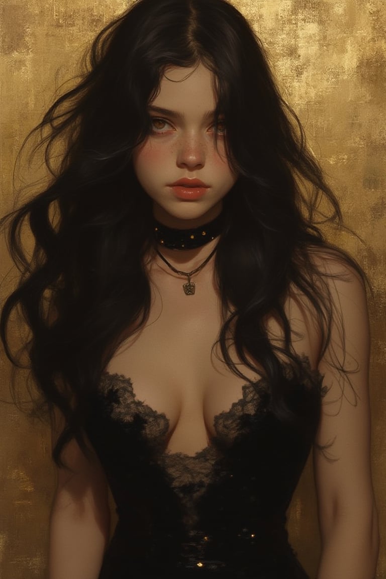 A woman in a frontal pose with long, voluminous black hair, wearing a low-cut black dress with lace detailing, a black choker, and a pendant necklace. She has a confident, alluring expression, and the background is a rich, textured gold, contrasting with her dark attire






