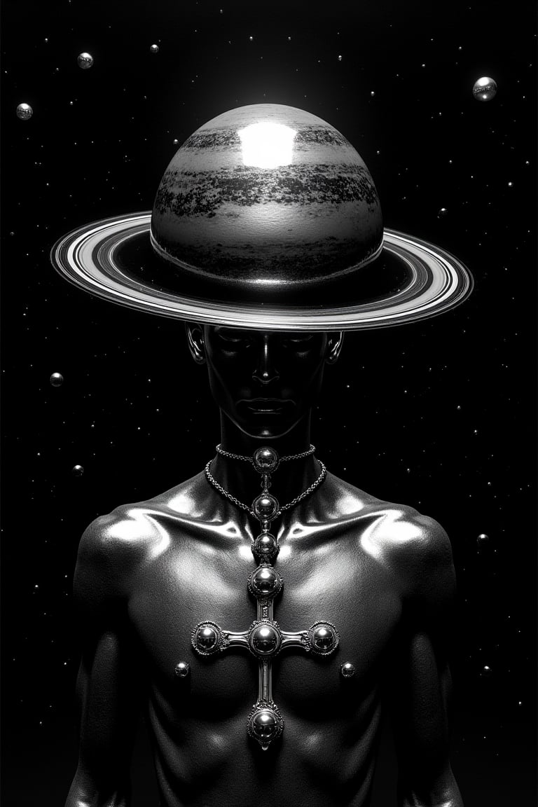 The poster is on a black background with a silhouette of a man in front, with the inscription (How much is opium for the people) his head is replaced by a star planet and its rings. The shape of the rings is made of holographic foil and reflective glass material. The figure does not have a face, but instead has metallic skin. He wears a silver cross with three large ones around his neck,
black hole-like dots connected to each other, against a backdrop of space with stars. This is a cinematic composition that evokes mystery and surrealism, 8k --ar 9:16 --stylize 250 --v 6. cinematic composition, metallic skin, mystery, space, stars, surrealism, v 6