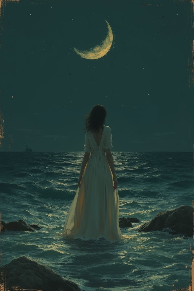 This is Andrew Wyeth - The Art of Andrew Wyeth - with a muted floral palette and dry brush technique creating a feeling of calm. (animation. perfect body anatomy. Woman in a dress emerging from the sea, neon realism, ocean waves at night, tied to a crescent moon, night, Romance, fairytale background) (minimalism: 1). Dietary composition, ideal body anatomy.
