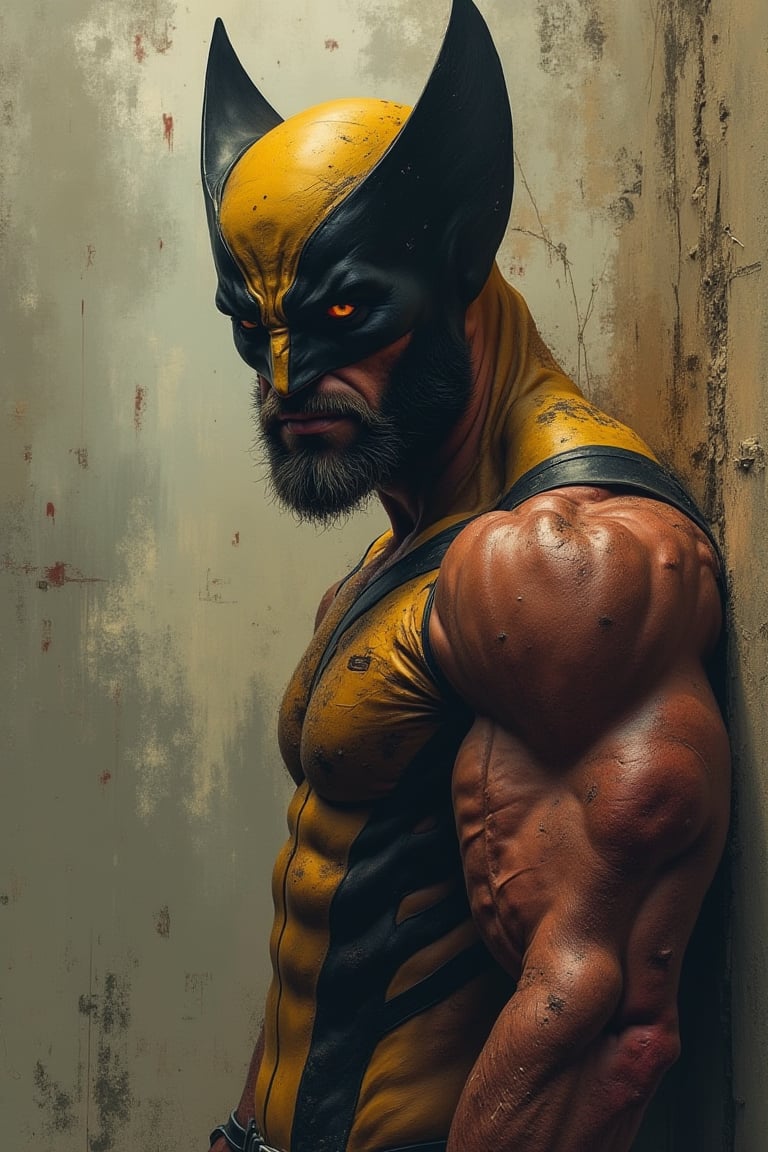 (masterpiece), (Highest quality), (Super detail) (Ultra high resolution), (Best illustrations), 8k, wallpaper, (Wolverine, terrible shabby look). (Detailed skin texture: 1.4) (Close-up of upper body: 2.0) disturbing and grotesque world,
with a muted palette and dry brush technique creating a feeling of hopelessness, desolation, hopelessness, dirt. (psychedelic.Neon art/progressive.(Detailed arms:2.0) Perfect body anatomy.