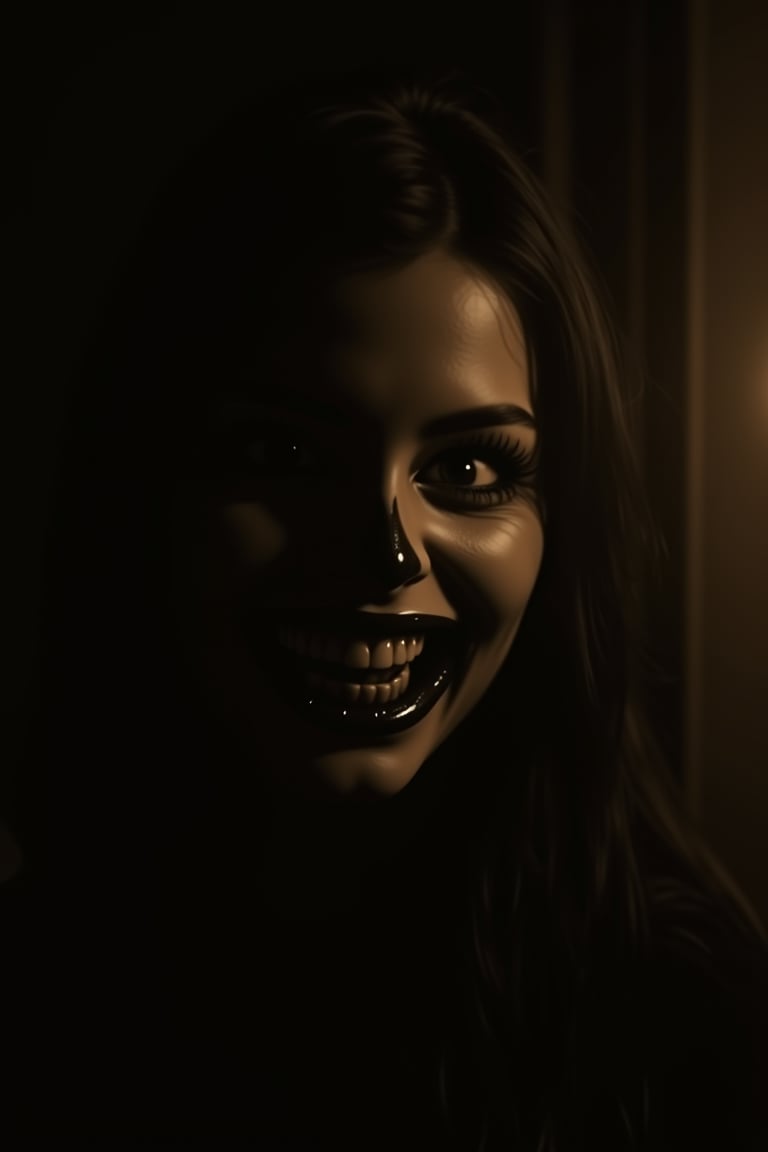 (best quality, masterpiece 1.2) exorcist, best quality. night room, dark room, completely darkened room, sepia, grainy, eerie environment. scary smile. a creepy look from the shadows.