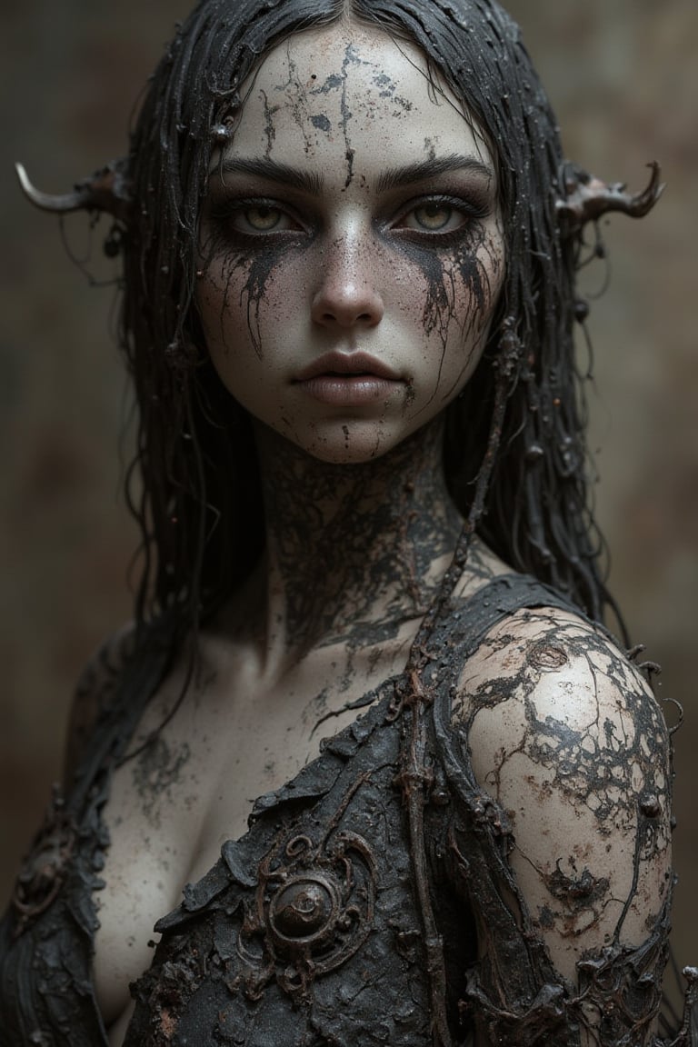 girl.Dark fantasy. old, dirty, mineral pigments,3d clay sculpture,Clay sculpture、One woman、





