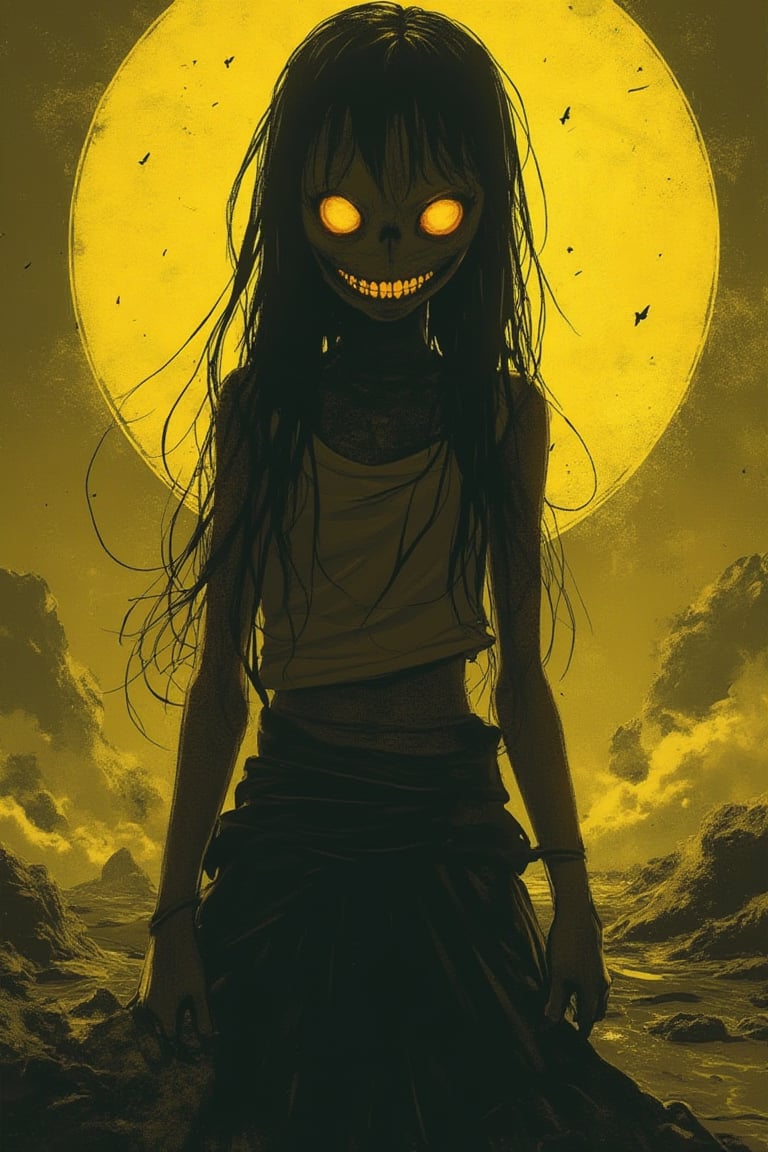 Outer space, tv on, sunshine yellow, grainy, eerie environment. creepypasta is a scary entity in the form of a girl with very big eyes and a scary smile...in the style of elson peter, diego dyer, peter mohrbacher, karol bak.focus on 1 full body frame. focus on 32k hyper hd, masterpiece, best quality, ultra detail 1.6 solo, 1 female entity imbued with the essence of cypherpunk aesthetics.










