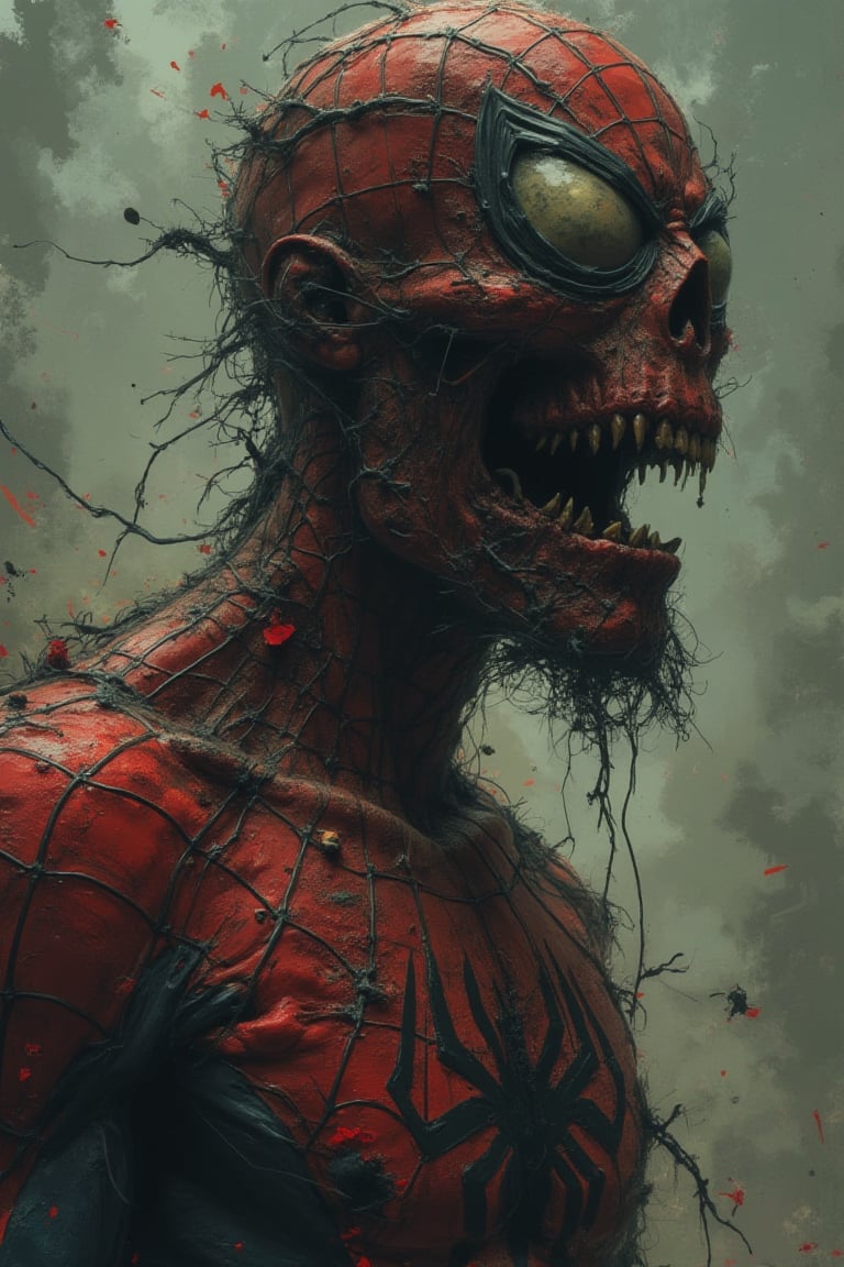 (masterpiece), (Highest quality), (Super detail) (Ultra high resolution), (Best illustrations), 8k, wallpaper, (Spider-Man, terrible shabby look). (Detailed skin texture: 1.4) (Close-up of upper body: 2.0) disturbing and grotesque world,
with a muted palette and dry brush technique creating a feeling of hopelessness, desolation, hopelessness, dirt. (psychedelic.Neon art/progressive.(Detailed arms:2.0) Perfect body anatomy.