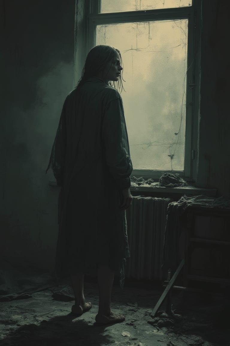 Full-length view (a mentally ill, dirty, scary woman stands under the window of her room in an extremely neglected state, a terrible look, an unnatural sparkle in her eyes). Acute attacks of terror. a disturbing and grotesque world, with a muted palette and dry brush technique, creating a feeling of hopelessness, desolation, hopelessness, dirt, desolation, slop. dark monochrome background. (Minimalism: 1). Ideal body anatomy.
