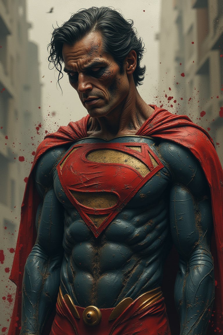 (masterpiece), (Highest quality), (Super detailed) (Ultra high resolution), (Best illustrations), 8k, wallpaper, (Superman in extremely poor condition, terrible look). (Detailed skin texture: 1.4) (Close-up of upper body: 2.0) disturbing and grotesque world,
with a muted palette and dry brush technique creating a feeling of hopelessness, desolation, hopelessness, dirt. (psychedelic.Neon art/progressive.(Detailed arms:2.0) Perfect body anatomy.