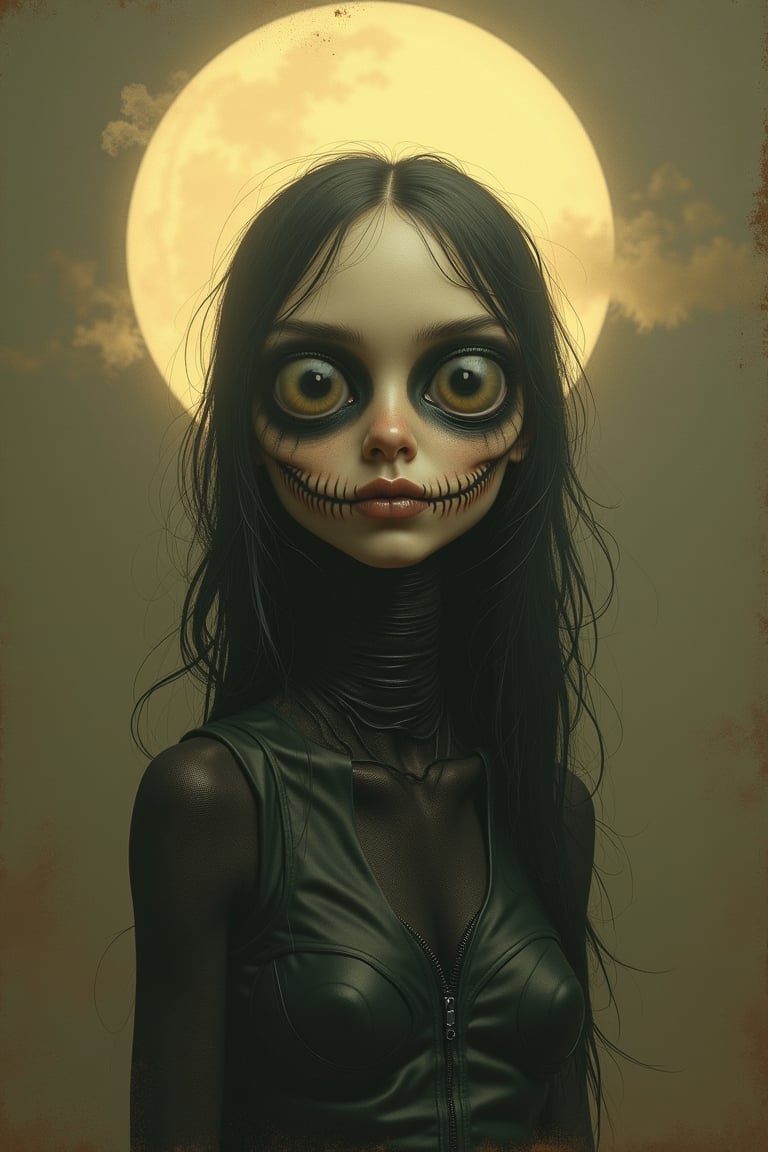 Imbued with the essence of a retro-futuristic aesthetic, eerie setting, sepia, eerie setting. creepypasta is a scary entity in the form of a girl with very large eyes and a frightening smile in the style of elson peter, diego the dyer, peter mohrbacher, karol bak. (focus on 1 full-length frame, 1 beautiful ,full moon, 32k ,hyper hd), (masterpiece, best quality, ultra detail 1.6), illustration, (one, 1 female essence), imbued with the essence of retro-futuristic aesthetics. (full length, wide angle, centered, no crop) - with 916 (for example --ar 916 - -ar 12)