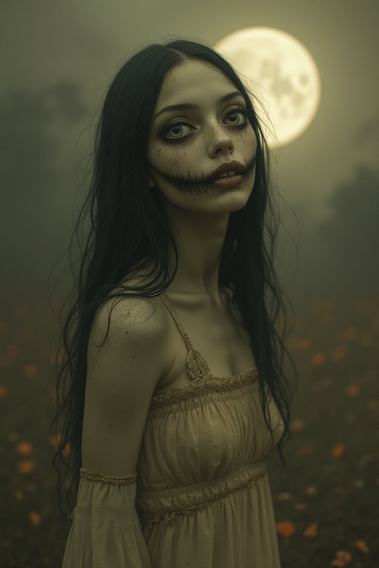 Imbued with the essence of a retro-futuristic aesthetic, eerie setting, sepia, eerie setting. creepypasta is a scary entity in the form of a girl with very large eyes and a frightening smile in the style of elson peter, diego the dyer, peter mohrbacher, karol bak. (focus on 1 full-length frame, 1 beautiful ,full moon, 32k ,hyper hd), (masterpiece, best quality, ultra detail 1.6), illustration, (one, 1 female essence), imbued with the essence of retro-futuristic aesthetics. (full length, wide angle, centered, no crop) - with 916 (for example --ar 916 - -ar 12)