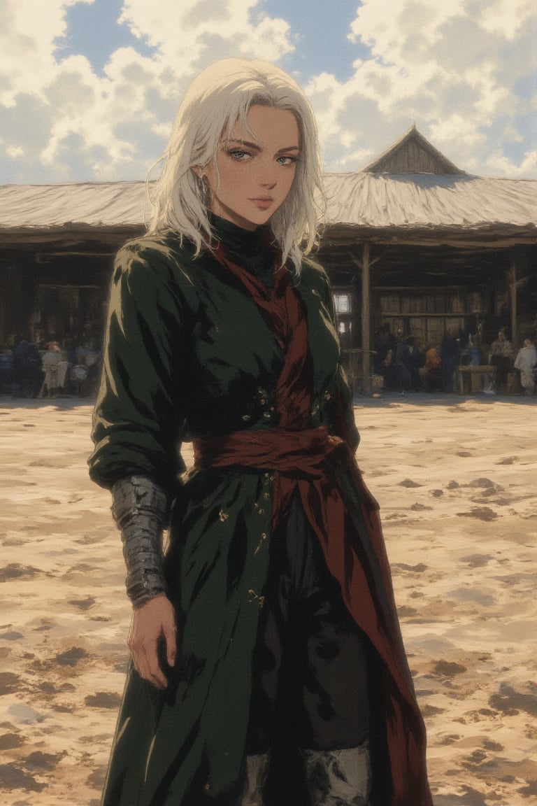 A woman with long platinum blonde hair, choppy bangs, arched crescent eyebrows, sharp and determined eyes, a delicate oval face, a serious expression, a fantasy-style dark green military coat, draped with a dark red waist-length cloak, military trousers, leather combat boots, silver greaves leggings, one hand on her hip, standing in a spacious training ground, this character embodies a finely crafted fantasy-style female military officer in anime style, exquisite and mature manga art style, pale skin, high definition, best quality, highres, ultra-detailed, ultra-fine painting, extremely delicate, professional, perfect body proportions, golden ratio, anatomically correct, symmetrical face, extremely detailed eyes and face, high quality eyes, creativity, RAW photo, UHD, 32k, Natural light, cinematic lighting, masterpiece-anatomy-perfect, masterpiece:1.5
fabulous, unearthly, ((hands behind back)), looking at the viewer, (blue eyes),