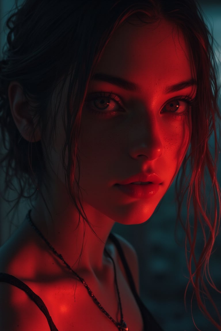 Creepy atmosphere, sinister shades, darkness, dancing shadows, superstitions, cautionary tales. ghost month, 8k uhd, by alessio albi, dust particles, depth of field, by brandon wolfel, close-up of a woman wearing a necklace, beautiful expressive eyes, ultrafocus dark red rays of light shot with anamorphic lenses, eerie atmosphere, sinister hues, darkness, dancing shadows, superstitions, cautionary tales, the unlucky, the haunted, restless spirits, ghostly light, desolate landscape, chilling wind, thin veil between the living and the dead, gloomy setting, deserted streets, flickering street lamp, unnatural shadows, dilapidated houses, horror stories, cobwebs, mystery, premonition, caution, misfortune, vengeful spirits, darkness, talismans, amulets, protective shields, ward off evil, superstitions, bad actions, legends, demons, evil beings, impending doom, heightened vigilance, danger, distant howls, eerie screams, moody feelings





