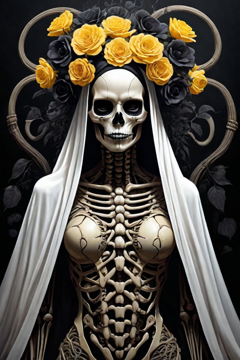 A giger style surrealistic, ethereal painting of a goddess of death, her face shrouded in a veil of shadows, head painted like a skull skeleton, death, black flowers, Mexican style, full body, fantasy, elegant, highly detailed, digital painting, artstation, concept art, smooth, sharp focus, 4K, photography, photorealistic, detailed illustration cute digital painting, soft lighting, isometric style, retro aesthetic, 4K resolution, photorealistic rendering, snakes, yellow accents, red lips