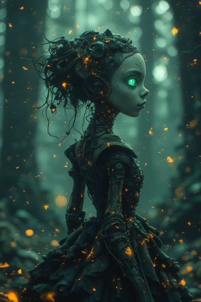 Create an image where the treetops are decorated with twinkling lights, merging nature with a magical starry atmosphere. (Little funny robot, porcelain face and head, big turquoise eyes) perfect eyes double exposure, floral fantasy, dark sci-fi. Gothic biomechanical essence in art deco style, Her punkish, tattooed, voodoo-like figure is partially hidden in a swirling dress of obsidian silk printed with delicate filigree floral patterns that echo the inimitable style of Gustav Klimt. Finding yourself in an environment of reflective holographic mirror panels, which split the space around her into a scattering of angular contrasts, a background of shadows on a bright background






